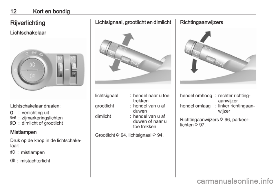 OPEL KARL 2018  Gebruikershandleiding (in Dutch) 12Kort en bondigRijverlichtingLichtschakelaar
Lichtschakelaar draaien:
7:verlichting uit8:zijmarkeringslichten9:dimlicht of grootlicht
Mistlampen
Druk op de knop in de lichtschake‐
laar:
>:mistlampe