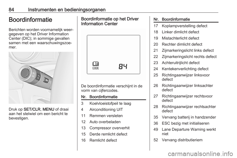 OPEL KARL 2018  Gebruikershandleiding (in Dutch) 84Instrumenten en bedieningsorganenBoordinformatieBerichten worden voornamelijk weer‐
gegeven op het Driver Information
Center (DIC); in sommige gevallen
samen met een waarschuwingszoe‐
mer.
Druk 