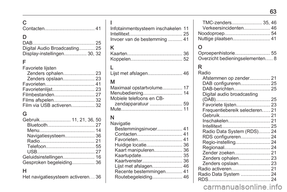 OPEL KARL 2018.5 Handleiding Infotainment (in Dutch) 63CContacten ..................................... 41
D DAB .............................................. 25
Digital Audio Broadcasting ...........25
Display-instellingen................. 30, 32
F
Fa OPEL KARL 2018.5 Handleiding Infotainment (in Dutch) 63CContacten ..................................... 41
D DAB .............................................. 25
Digital Audio Broadcasting ...........25
Display-instellingen................. 30, 32
F
Fa