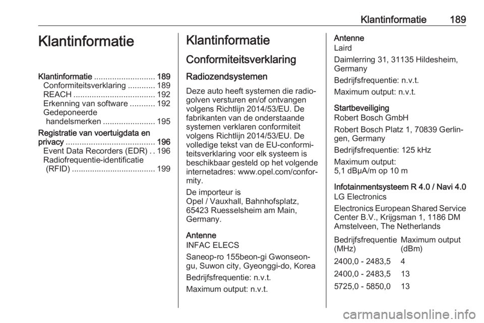 OPEL KARL 2018.5 Gebruikershandleiding (in Dutch) Klantinformatie189KlantinformatieKlantinformatie........................... 189
Conformiteitsverklaring ............189
REACH .................................... 192
Erkenning van software .......... OPEL KARL 2018.5 Gebruikershandleiding (in Dutch) Klantinformatie189KlantinformatieKlantinformatie........................... 189
Conformiteitsverklaring ............189
REACH .................................... 192
Erkenning van software ..........