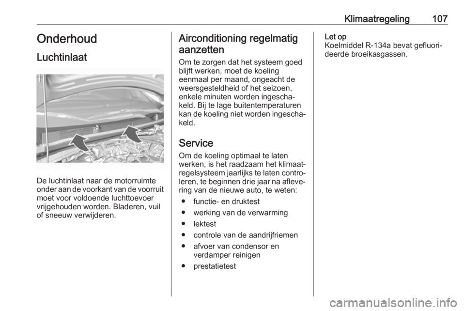 OPEL KARL 2019  Gebruikershandleiding (in Dutch) Klimaatregeling107Onderhoud
Luchtinlaat
De luchtinlaat naar de motorruimte
onder aan de voorkant van de voorruit
moet voor voldoende luchttoevoer
vrijgehouden worden. Bladeren, vuil
of sneeuw verwijde