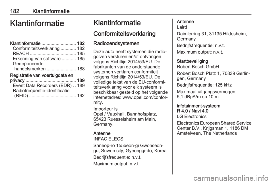 OPEL KARL 2019  Gebruikershandleiding (in Dutch) 182KlantinformatieKlantinformatieKlantinformatie........................... 182
Conformiteitsverklaring ............182
REACH .................................... 185
Erkenning van software ..........