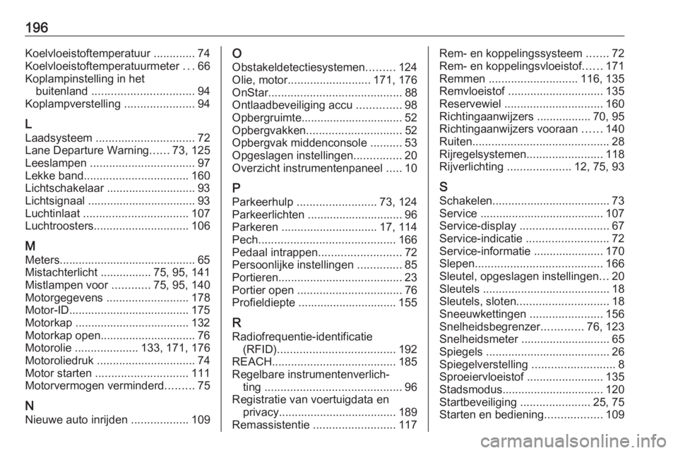 OPEL KARL 2019  Gebruikershandleiding (in Dutch) 196Koelvloeistoftemperatuur .............74
Koelvloeistoftemperatuurmeter  ...66
Koplampinstelling in het buitenland  ................................ 94
Koplampverstelling  ......................94
L