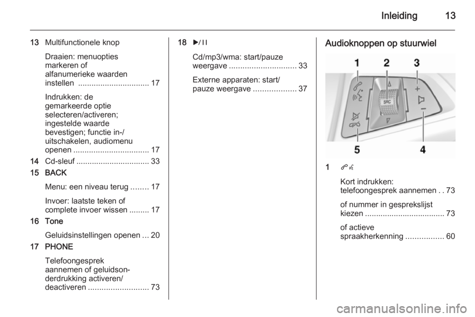 OPEL MERIVA 2015.5 Handleiding Infotainment (in Dutch) Inleiding13
13Multifunctionele knop
Draaien: menuopties
markeren of
alfanumerieke waarden
instellen ................................ 17
Indrukken: de
gemarkeerde optie
selecteren/activeren;
ingesteld OPEL MERIVA 2015.5 Handleiding Infotainment (in Dutch) Inleiding13
13Multifunctionele knop
Draaien: menuopties
markeren of
alfanumerieke waarden
instellen ................................ 17
Indrukken: de
gemarkeerde optie
selecteren/activeren;
ingesteld