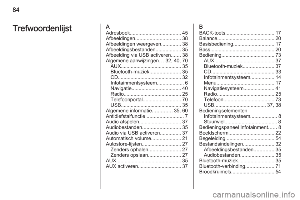 OPEL MERIVA 2015.5  Handleiding Infotainment (in Dutch) 84TrefwoordenlijstAAdresboek .................................... 45
Afbeeldingen ................................ 38
Afbeeldingen weergeven ..............38
Afbeeldingsbestanden ..................35
