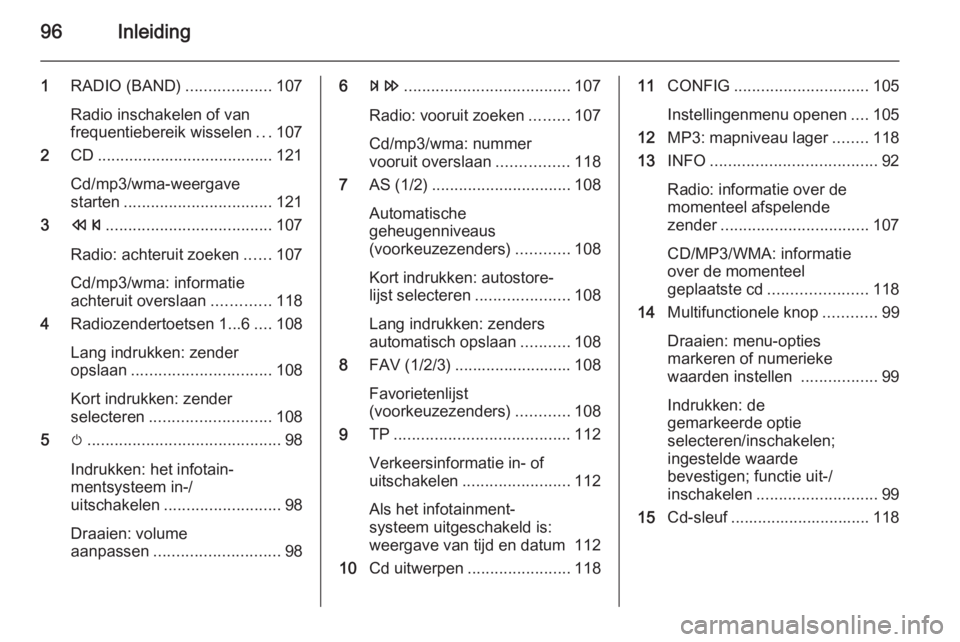 OPEL MERIVA 2015.5 Handleiding Infotainment (in Dutch) 96Inleiding
1RADIO (BAND) ...................107
Radio inschakelen of van
frequentiebereik wisselen ...107
2 CD....................................... 121
Cd/mp3/wma-weergave
starten ................. OPEL MERIVA 2015.5 Handleiding Infotainment (in Dutch) 96Inleiding
1RADIO (BAND) ...................107
Radio inschakelen of van
frequentiebereik wisselen ...107
2 CD....................................... 121
Cd/mp3/wma-weergave
starten .................
