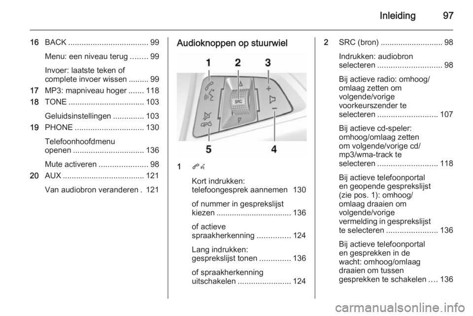 OPEL MERIVA 2015.5 Handleiding Infotainment (in Dutch) Inleiding97
16BACK .................................... 99
Menu: een niveau terug ........99
Invoer: laatste teken of
complete invoer wissen ......... 99
17 MP3: mapniveau hoger .......118
18 TONE ... OPEL MERIVA 2015.5 Handleiding Infotainment (in Dutch) Inleiding97
16BACK .................................... 99
Menu: een niveau terug ........99
Invoer: laatste teken of
complete invoer wissen ......... 99
17 MP3: mapniveau hoger .......118
18 TONE ...