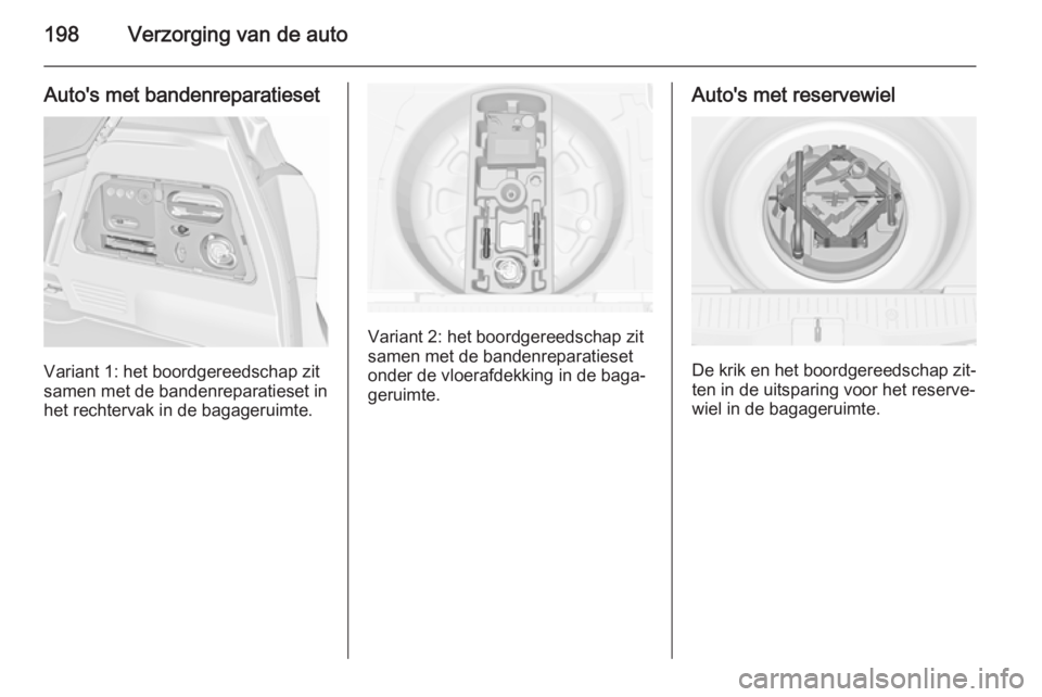 OPEL MERIVA 2015.5  Gebruikershandleiding (in Dutch) 198Verzorging van de auto
Auto's met bandenreparatieset
Variant 1: het boordgereedschap zit
samen met de bandenreparatieset in het rechtervak in de bagageruimte.
Variant 2: het boordgereedschap zi