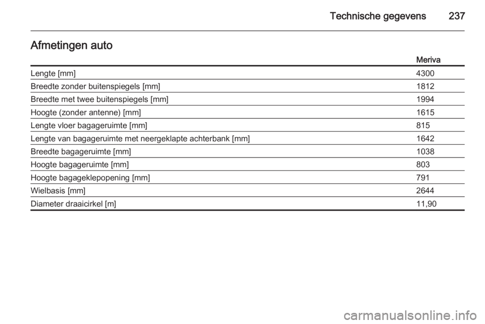 OPEL MERIVA 2015.5  Gebruikershandleiding (in Dutch) Technische gegevens237Afmetingen autoMerivaLengte [mm]4300Breedte zonder buitenspiegels [mm]1812Breedte met twee buitenspiegels [mm]1994Hoogte (zonder antenne) [mm]1615Lengte vloer bagageruimte [mm]81