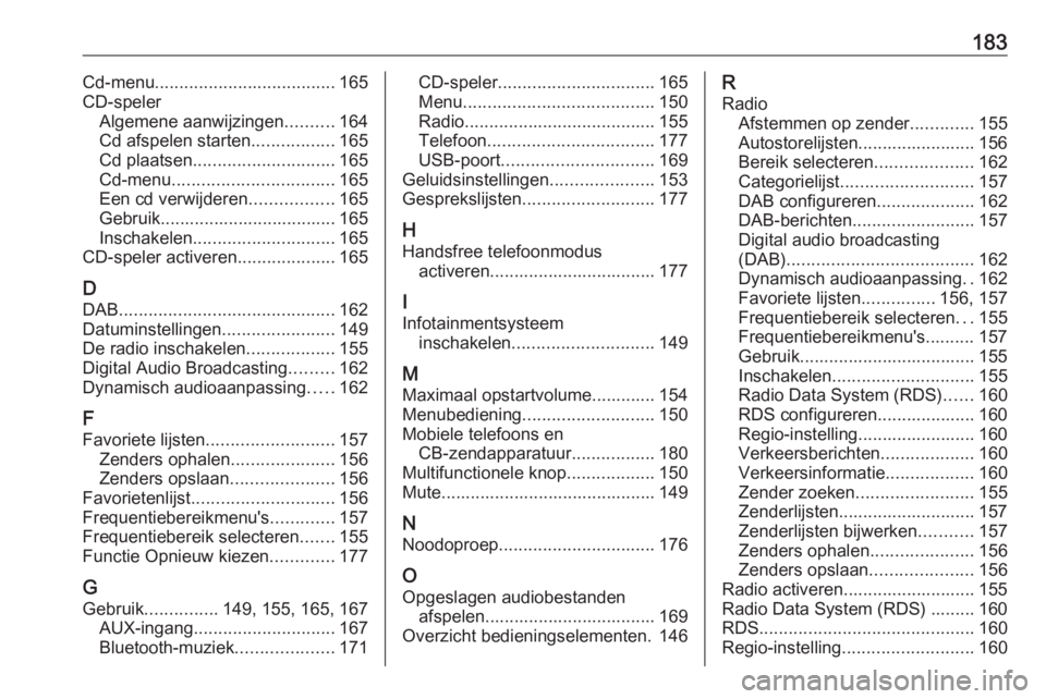 OPEL MERIVA 2016  Handleiding Infotainment (in Dutch) 183Cd-menu..................................... 165
CD-speler Algemene aanwijzingen ..........164
Cd afspelen starten .................165
Cd plaatsen ............................. 165
Cd-menu .......