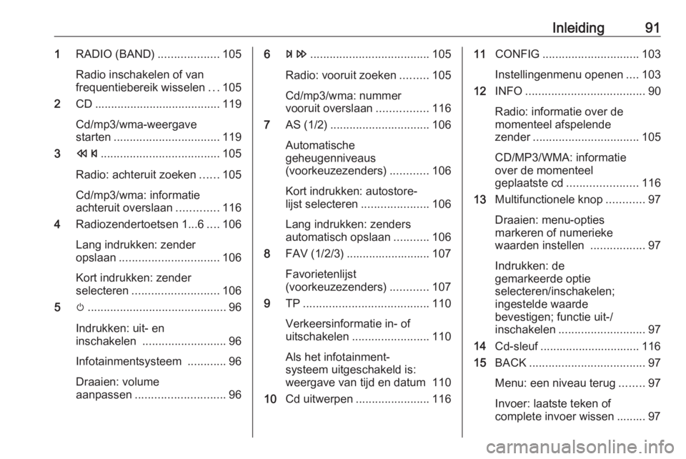 OPEL MERIVA 2016 Handleiding Infotainment (in Dutch) Inleiding911RADIO (BAND) ...................105
Radio inschakelen of van
frequentiebereik wisselen ...105
2 CD....................................... 119
Cd/mp3/wma-weergave
starten .................. OPEL MERIVA 2016 Handleiding Infotainment (in Dutch) Inleiding911RADIO (BAND) ...................105
Radio inschakelen of van
frequentiebereik wisselen ...105
2 CD....................................... 119
Cd/mp3/wma-weergave
starten ..................