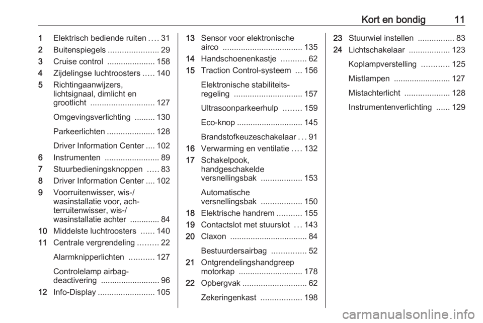 OPEL MERIVA 2016  Gebruikershandleiding (in Dutch) Kort en bondig111Elektrisch bediende ruiten ....31
2 Buitenspiegels ......................29
3 Cruise control  .....................158
4 Zijdelingse luchtroosters .....140
5 Richtingaanwijzers,
licht