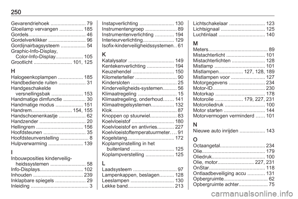 OPEL MERIVA 2016  Gebruikershandleiding (in Dutch) 250Gevarendriehoek .........................79
Gloeilamp vervangen  ................185
Gordels ......................................... 46
Gordelverklikker ........................... 96
Gordijnairb