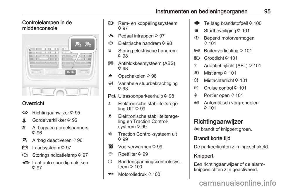 OPEL MERIVA 2016  Gebruikershandleiding (in Dutch) Instrumenten en bedieningsorganen95Controlelampen in de
middenconsole
Overzicht
ORichtingaanwijzer  3 95XGordelverklikker  3 96vAirbags en gordelspanners
3  96VAirbag deactiveren  3 96pLaadsysteem  3 