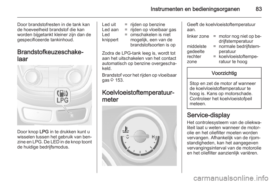 OPEL MOKKA 2014.5  Gebruikershandleiding (in Dutch) Instrumenten en bedieningsorganen83
Door brandstofresten in de tank kan
de hoeveelheid brandstof die kan
worden bijgetankt kleiner zijn dan de
gespecificeerde tankinhoud.
Brandstofkeuzeschake‐
laar
