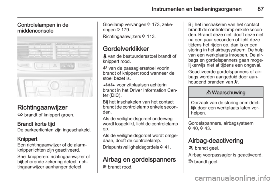 OPEL MOKKA 2015  Gebruikershandleiding (in Dutch) Instrumenten en bedieningsorganen87
Controlelampen in de
middenconsole
Richtingaanwijzer
O  brandt of knippert groen.
Brandt korte tijd De parkeerlichten zijn ingeschakeld.
Knippert Een richtingaanwij