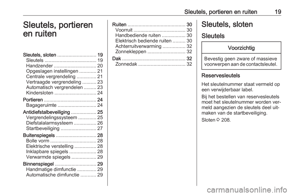 OPEL MOKKA 2016 Gebruikershandleiding (in Dutch) Sleutels, portieren en ruiten19Sleutels, portieren
en ruitenSleutels, sloten ............................ 19
Sleutels ...................................... 19
Handzender ............................. OPEL MOKKA 2016 Gebruikershandleiding (in Dutch) Sleutels, portieren en ruiten19Sleutels, portieren
en ruitenSleutels, sloten ............................ 19
Sleutels ...................................... 19
Handzender .............................