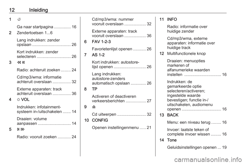 OPEL MOKKA 2016.5  Handleiding Infotainment (in Dutch) 12Inleiding1;
Ga naar startpagina ..............16
2 Zendertoetsen 1...6
Lang indrukken: zender
opslaan ................................. 26
Kort indrukken: zender
selecteren .........................