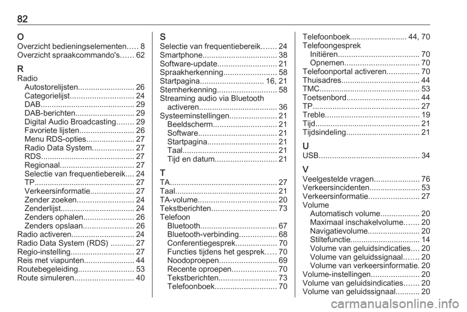 OPEL MOKKA 2016.5  Handleiding Infotainment (in Dutch) 82O
Overzicht bedieningselementen .....8
Overzicht spraakcommando's ......62
R Radio Autostorelijsten.......................... 26
Categorielijst ............................. 24
DAB .............