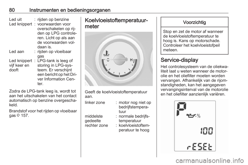 OPEL MOKKA 2016.5  Gebruikershandleiding (in Dutch) 80Instrumenten en bedieningsorganenLed uit:rijden op benzineLed knippert:voorwaarden voor
overschakelen op rij‐
den op LPG controle‐
ren. Licht op als aan
de voorwaarden vol‐
daan is.Led aan:rij