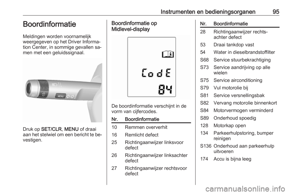 OPEL MOKKA 2016.5  Gebruikershandleiding (in Dutch) Instrumenten en bedieningsorganen95Boordinformatie
Meldingen worden voornamelijk
weergegeven op het Driver Informa‐
tion Center, in sommige gevallen sa‐
men met een geluidssignaal.
Druk op  SET/CL