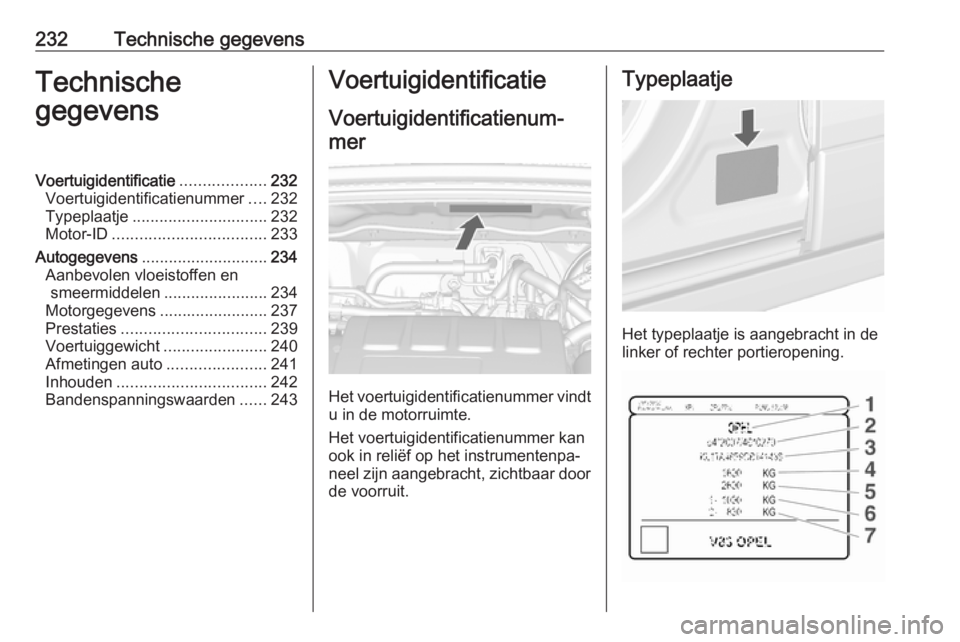 OPEL MOKKA X 2017  Gebruikershandleiding (in Dutch) 232Technische gegevensTechnische
gegevensVoertuigidentificatie ...................232
Voertuigidentificatienummer ....232
Typeplaatje .............................. 232
Motor-ID ......................