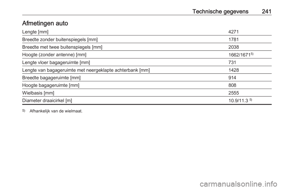OPEL MOKKA X 2017  Gebruikershandleiding (in Dutch) Technische gegevens241Afmetingen autoLengte [mm]4271Breedte zonder buitenspiegels [mm]1781Breedte met twee buitenspiegels [mm]2038Hoogte (zonder antenne) [mm]1662/16715)Lengte vloer bagageruimte [mm]7