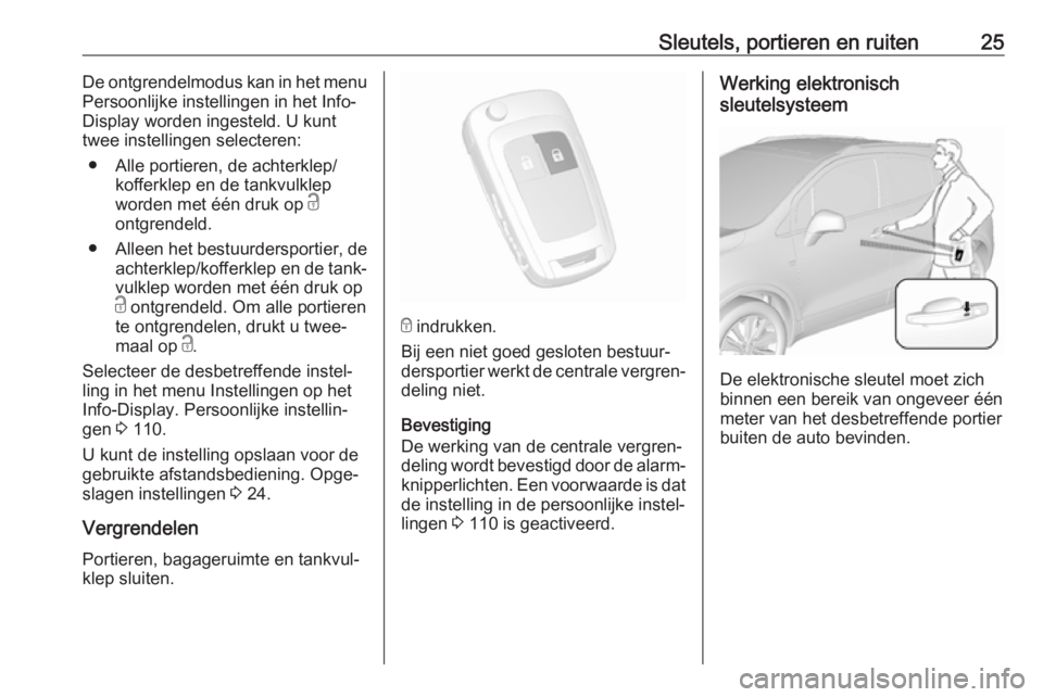 OPEL MOKKA X 2018  Handleiding Infotainment (in Dutch) Sleutels, portieren en ruiten25De ontgrendelmodus kan in het menu
Persoonlijke instellingen in het Info- Display worden ingesteld. U kunt
twee instellingen selecteren:
● Alle portieren, de achterkle