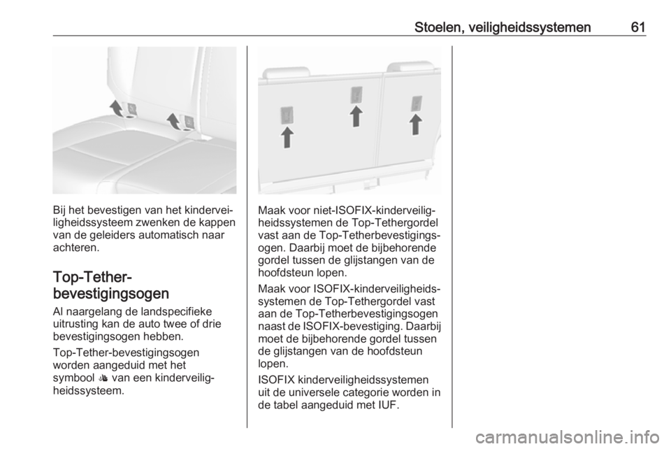 OPEL MOKKA X 2018  Handleiding Infotainment (in Dutch) Stoelen, veiligheidssystemen61
Bij het bevestigen van het kindervei‐
ligheidssysteem zwenken de kappen van de geleiders automatisch naar
achteren.
Top-Tether-
bevestigingsogen 
Al naargelang de land