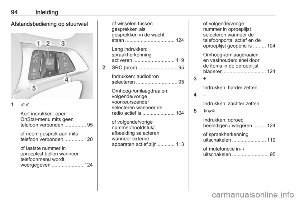 OPEL MOKKA X 2018.5  Gebruikershandleiding (in Dutch) 94InleidingAfstandsbediening op stuurwiel
1qw
Kort indrukken: open
OnStar-menu mits geen
telefoon verbonden ...............95
of neem gesprek aan mits
telefoon verbonden .............120
of laatste nu