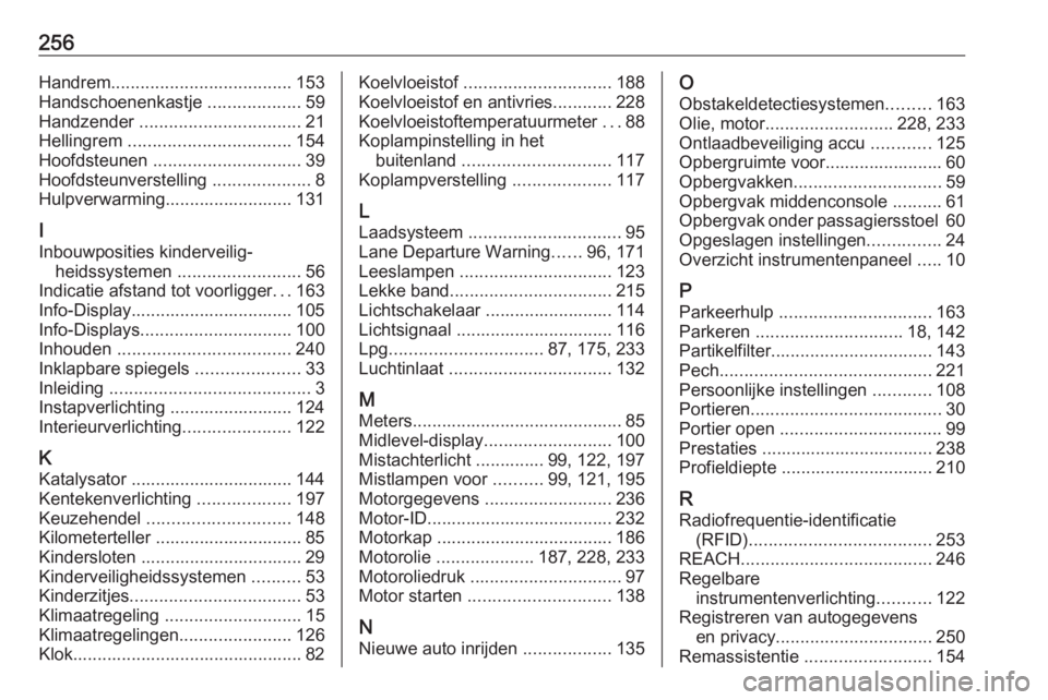 OPEL MOKKA X 2019.5  Gebruikershandleiding (in Dutch) 256Handrem..................................... 153
Handschoenenkastje  ...................59
Handzender  ................................. 21
Hellingrem  ................................. 154
Hoofdst