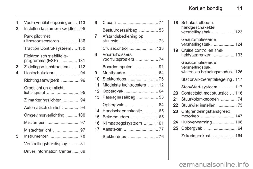 OPEL MOVANO_B 2015.5  Gebruikershandleiding (in Dutch) Kort en bondig11
1Vaste ventilatieopeningen  ..113
2 Instellen koplampreikwijdte  ..95
Park pilot met
ultrasoonsensoren ..............136
Traction Control-systeem ....130
Elektronisch stabiliteits‐

