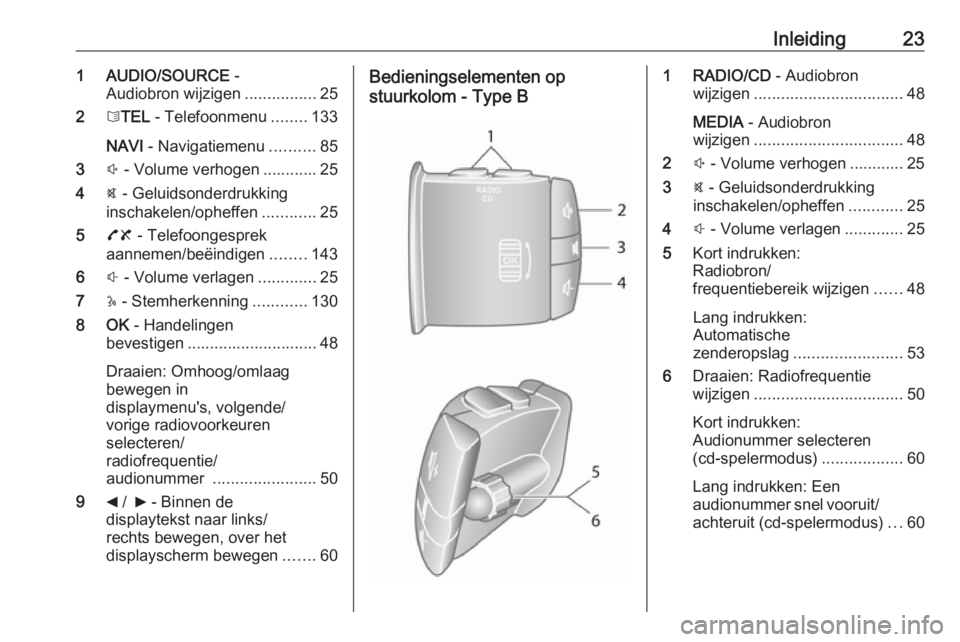 OPEL MOVANO_B 2016 Handleiding Infotainment (in Dutch) Inleiding231 AUDIO/SOURCE -
Audiobron wijzigen ................25
2 6TEL - Telefoonmenu ........133
NAVI - Navigatiemenu ..........85
3 ! - Volume verhogen ............ 25
4 @ - Geluidsonderdrukking OPEL MOVANO_B 2016 Handleiding Infotainment (in Dutch) Inleiding231 AUDIO/SOURCE -
Audiobron wijzigen ................25
2 6TEL - Telefoonmenu ........133
NAVI - Navigatiemenu ..........85
3 ! - Volume verhogen ............ 25
4 @ - Geluidsonderdrukking