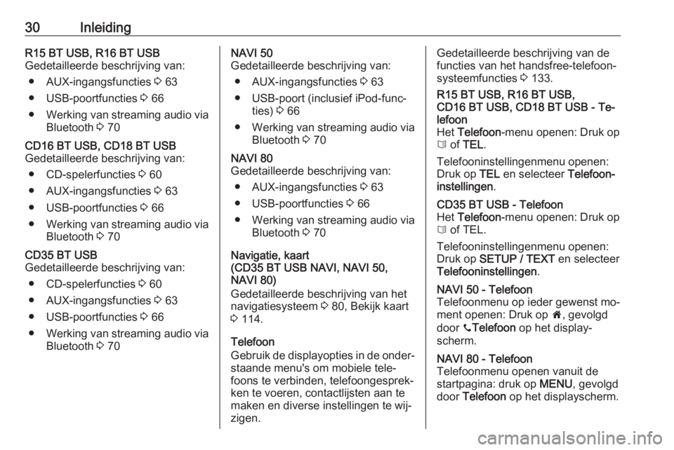 OPEL VIVARO B 2016  Handleiding Infotainment (in Dutch) 30InleidingR15 BT USB, R16 BT USB
Gedetailleerde beschrijving van:
● AUX-ingangsfuncties  3 63
● USB-poortfuncties  3 66
● Werking van streaming audio via
Bluetooth  3 70CD16 BT USB, CD18 BT USB