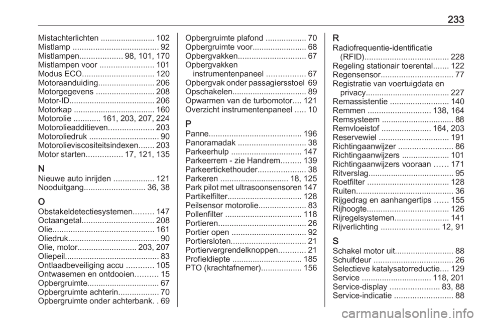 OPEL MOVANO_B 2016  Gebruikershandleiding (in Dutch) 233Mistachterlichten ........................ 102
Mistlamp  ...................................... 92
Mistlampen ................... 98, 101, 170
Mistlampen voor  ........................101
Modus ECO