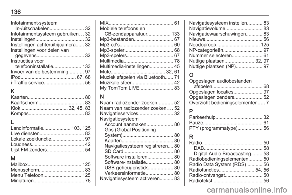 OPEL VIVARO B 2016.5  Handleiding Infotainment (in Dutch) 136Infotainment-systeemIn-/uitschakelen ......................... 32
Infotainmentsysteem gebruiken ...32
Instellingen ................................... 32
Instellingen achteruitrijcamera ......32
In