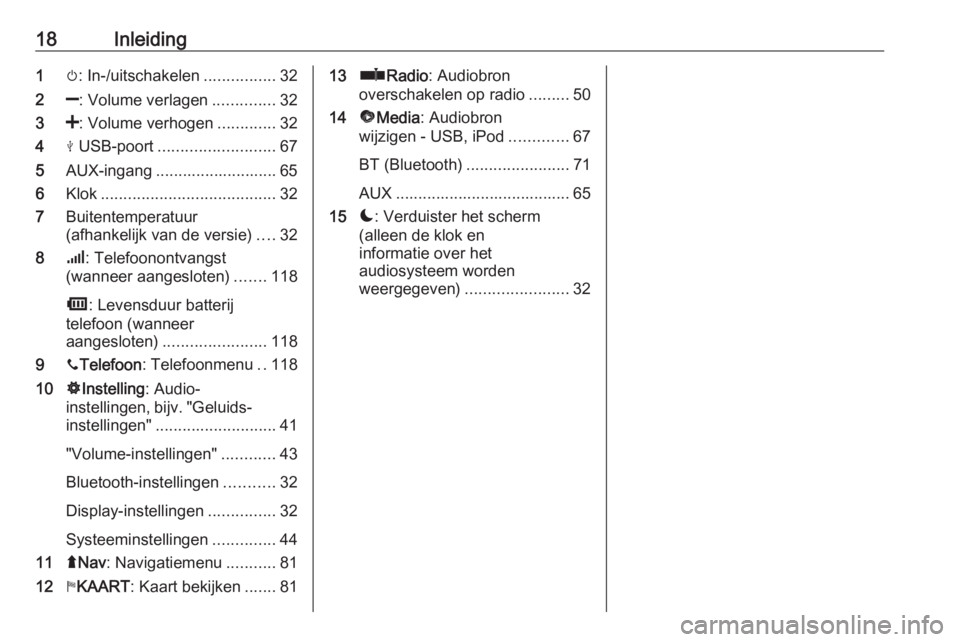 OPEL MOVANO_B 2018  Handleiding Infotainment (in Dutch) 18Inleiding1m: In-/uitschakelen ................32
2 ]: Volume verlagen ..............32
3 <: Volume verhogen .............32
4 M USB-poort .......................... 67
5 AUX-ingang .................