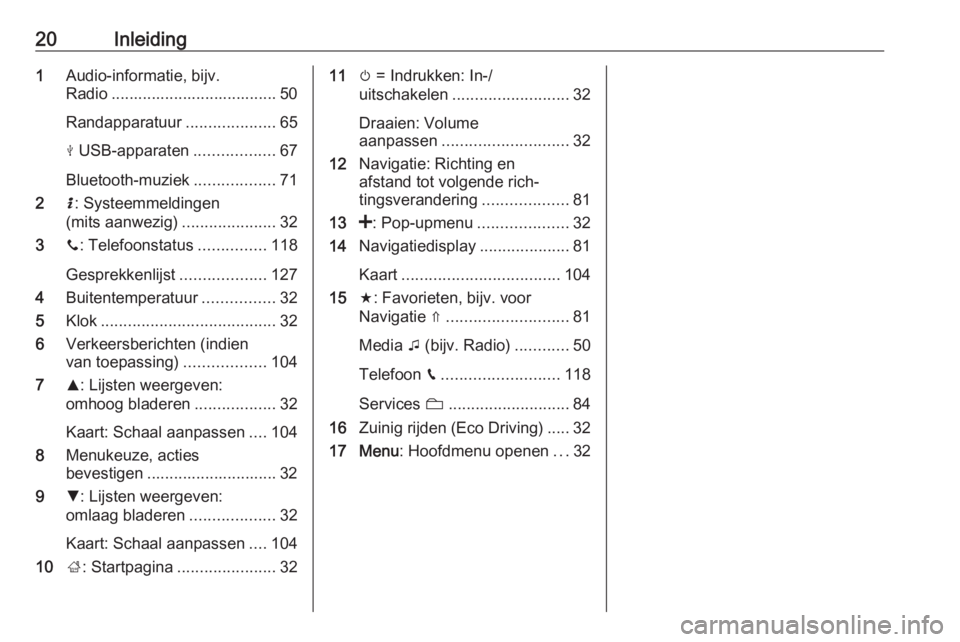 OPEL MOVANO_B 2018  Handleiding Infotainment (in Dutch) 20Inleiding1Audio-informatie, bijv.
Radio ..................................... 50
Randapparatuur ....................65
M  USB-apparaten ..................67
Bluetooth-muziek ..................71
2 H