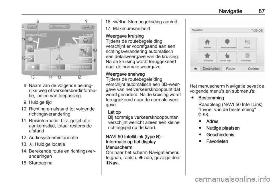 OPEL VIVARO B 2018  Handleiding Infotainment (in Dutch) Navigatie87
8. Naam van de volgende belang‐rijke weg of verkeersbordinforma‐tie, indien van toepassing
9. Huidige tijd
10. Richting en afstand tot volgende richtingsverandering
11. Reisinformatie,
