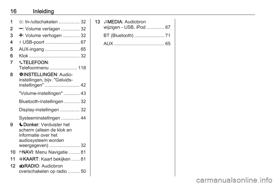 OPEL MOVANO_B 2018.5  Handleiding Infotainment (in Dutch) 16Inleiding1m: In-/uitschakelen ................32
2 ]: Volume verlagen ..............32
3 <: Volume verhogen .............32
4 M USB-poort .......................... 67
5 AUX-ingang .................