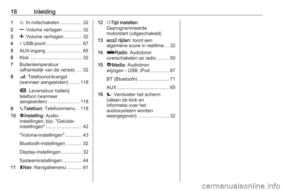 OPEL MOVANO_B 2018.5  Handleiding Infotainment (in Dutch) 18Inleiding1m: In-/uitschakelen ................32
2 ]: Volume verlagen ..............32
3 <: Volume verhogen .............32
4 M USB-poort .......................... 67
5 AUX-ingang .................