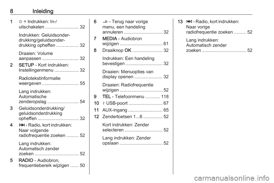 OPEL MOVANO_B 2018.5  Handleiding Infotainment (in Dutch) 8Inleiding1m = Indrukken: In-/
uitschakelen .......................... 32
Indrukken: Geluidsonder‐
drukking/geluidsonder‐
drukking opheffen .................32
Draaien: Volume
aanpassen ..........