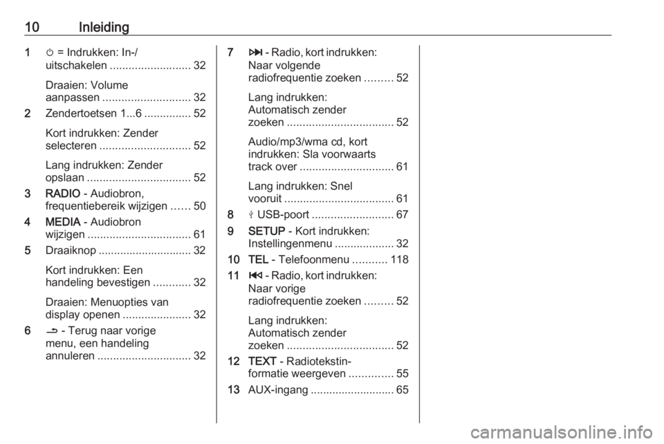 OPEL MOVANO_B 2018.5  Handleiding Infotainment (in Dutch) 10Inleiding1m = Indrukken: In-/
uitschakelen .......................... 32
Draaien: Volume
aanpassen ............................ 32
2 Zendertoetsen 1...6 ...............52
Kort indrukken: Zender
sele