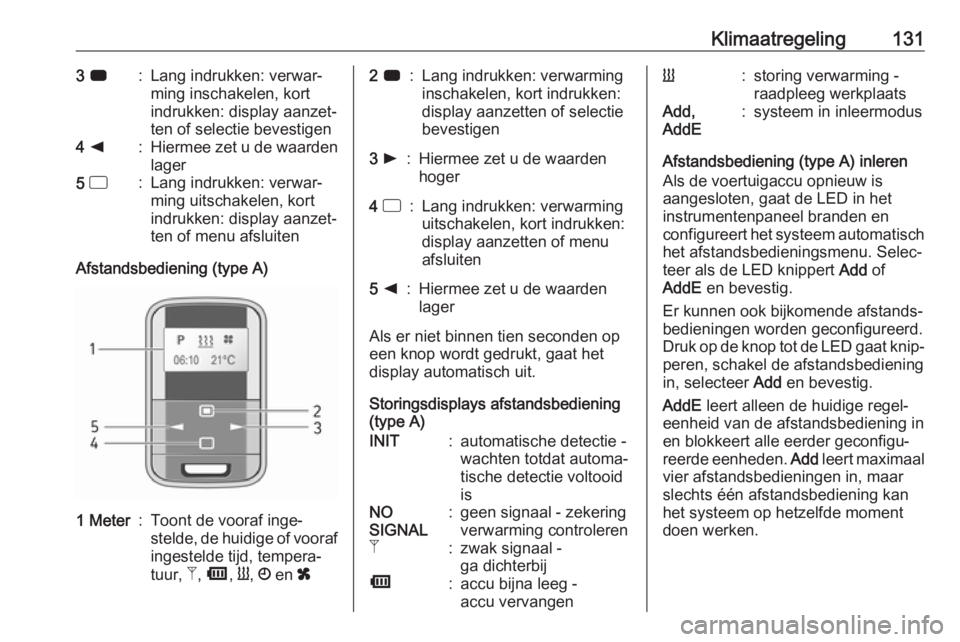 OPEL MOVANO_B 2018.5  Gebruikershandleiding (in Dutch) Klimaatregeling1313 7:Lang indrukken: verwar‐
ming inschakelen, kort
indrukken: display aanzet‐
ten of selectie bevestigen4  k:Hiermee zet u de waarden
lager5  d:Lang indrukken: verwar‐
ming uit