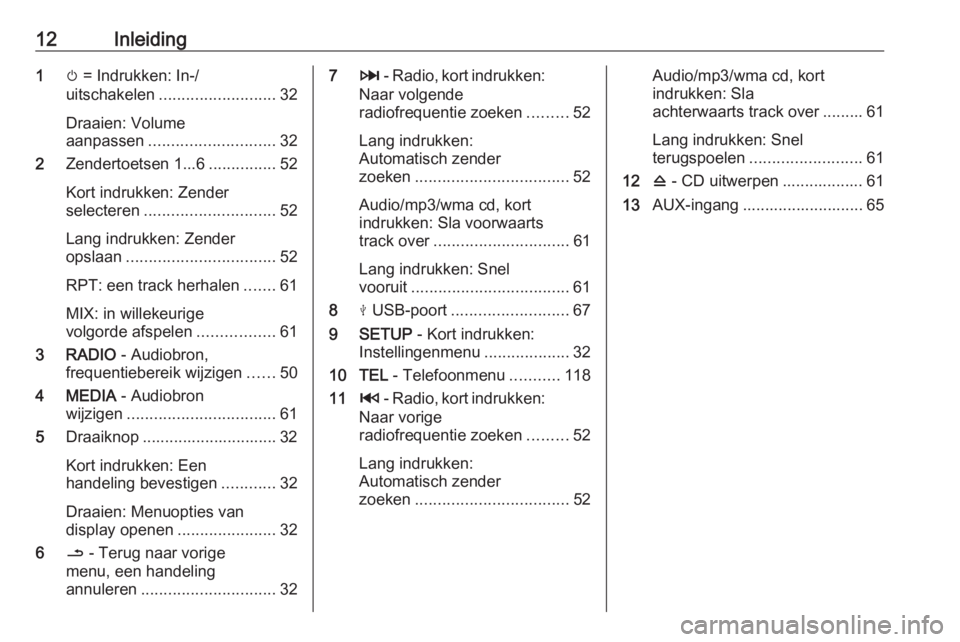 OPEL MOVANO_B 2019  Handleiding Infotainment (in Dutch) 12Inleiding1m = Indrukken: In-/
uitschakelen .......................... 32
Draaien: Volume
aanpassen ............................ 32
2 Zendertoetsen 1...6 ...............52
Kort indrukken: Zender
sele