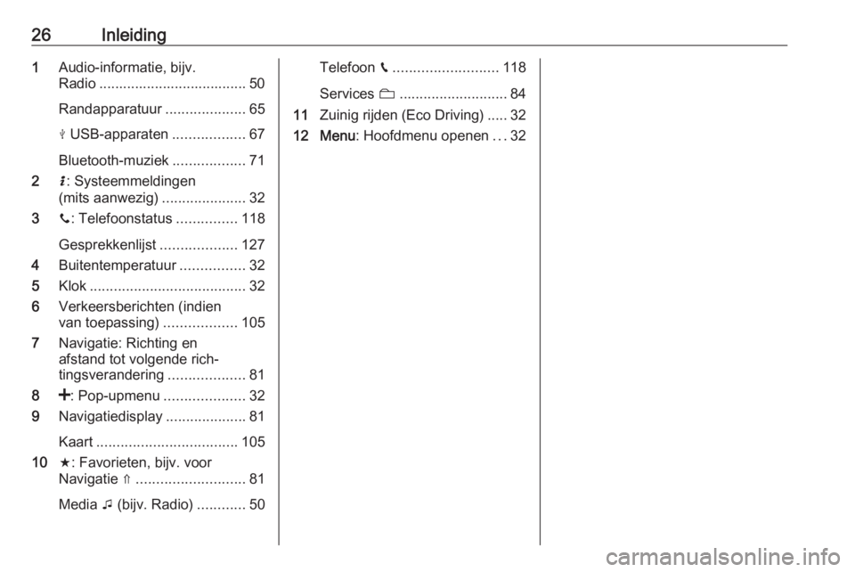 OPEL VIVARO B 2019  Handleiding Infotainment (in Dutch) 26Inleiding1Audio-informatie, bijv.
Radio ..................................... 50
Randapparatuur ....................65
M  USB-apparaten ..................67
Bluetooth-muziek ..................71
2 H