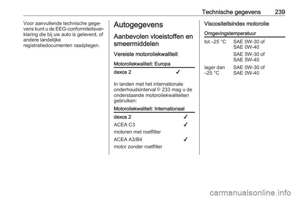 OPEL MOVANO_B 2019  Gebruikershandleiding (in Dutch) Technische gegevens239Voor aanvullende technische gege‐
vens kunt u de EEG-conformiteitsver‐
klaring die bij uw auto is geleverd, of
andere landelijke
registratiedocumenten raadplegen.Autogegevens