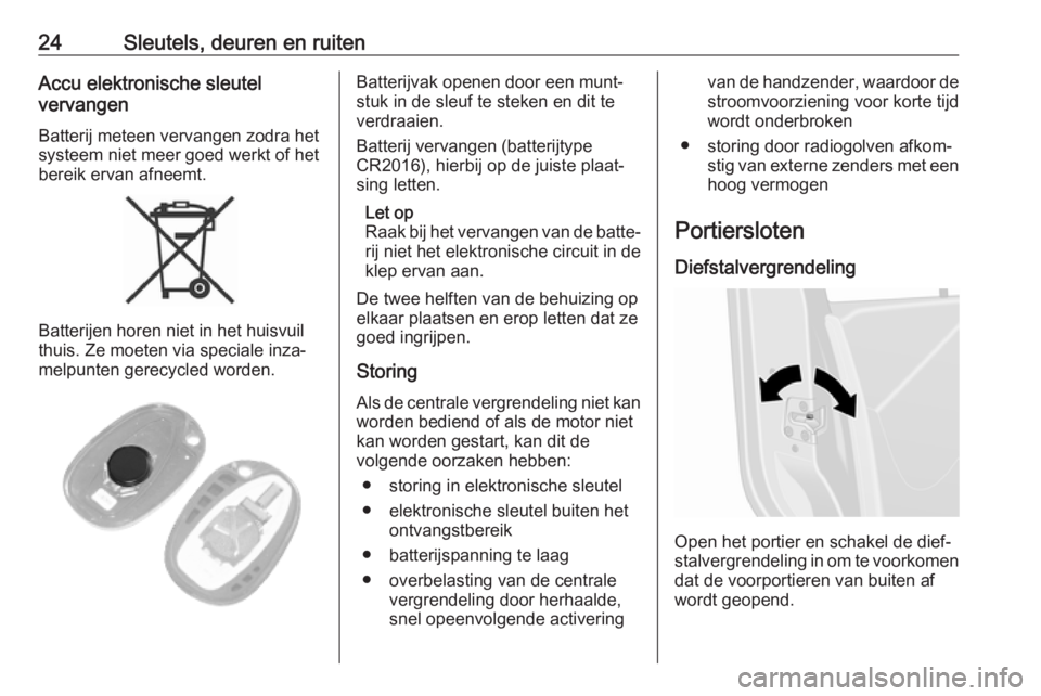 OPEL MOVANO_B 2019  Gebruikershandleiding (in Dutch) 24Sleutels, deuren en ruitenAccu elektronische sleutel
vervangen
Batterij meteen vervangen zodra het
systeem niet meer goed werkt of het
bereik ervan afneemt.
Batterijen horen niet in het huisvuil
thu