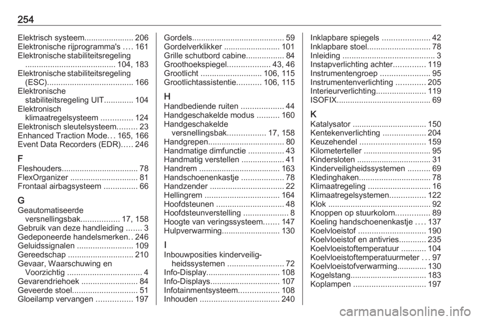 OPEL MOVANO_B 2019  Gebruikershandleiding (in Dutch) 254Elektrisch systeem...................... 206
Elektronische rijprogramma's  ....161
Elektronische  stabiliteitsregeling
........................................ 104, 183
Elektronische stabilitei