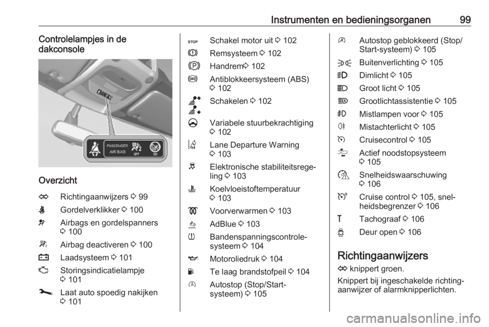 OPEL MOVANO_B 2020  Gebruikershandleiding (in Dutch) Instrumenten en bedieningsorganen99Controlelampjes in de
dakconsole
Overzicht
ORichtingaanwijzers  3 99XGordelverklikker  3 100vAirbags en gordelspanners
3  100WAirbag deactiveren  3 100pLaadsysteem  